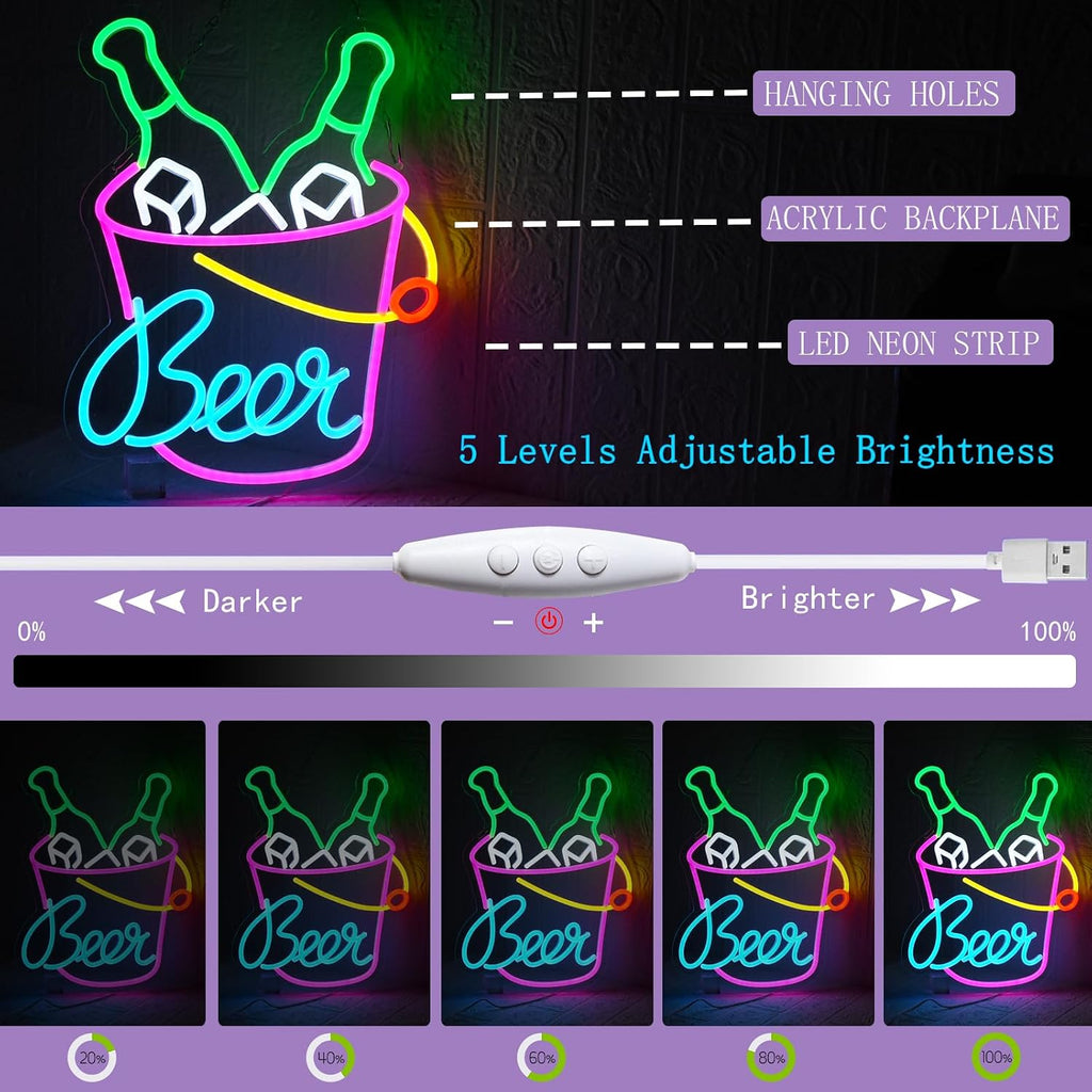 Beer Neon Sign Beer Barrel Signs USB Powered with dimmable Switch LED neon Light.