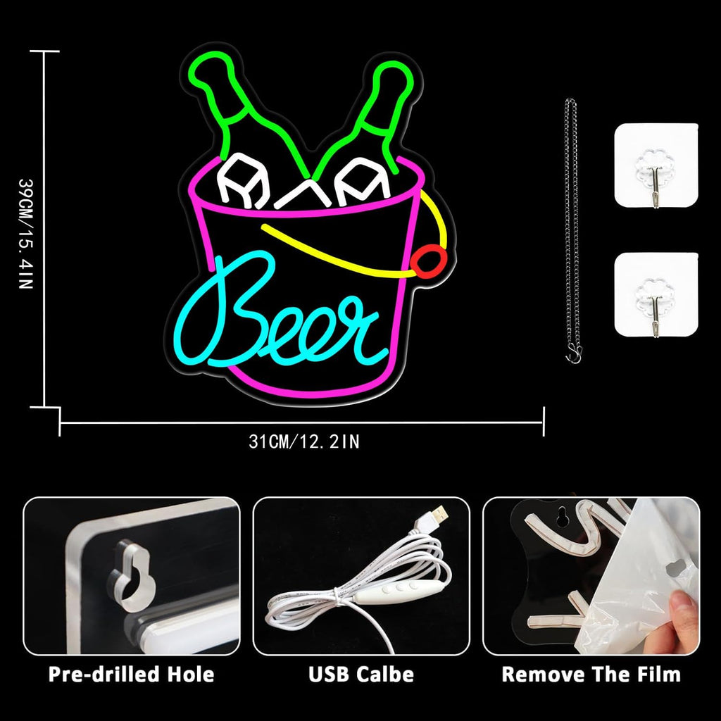 Beer Neon Sign Beer Barrel Signs USB Powered with dimmable Switch LED neon Light.