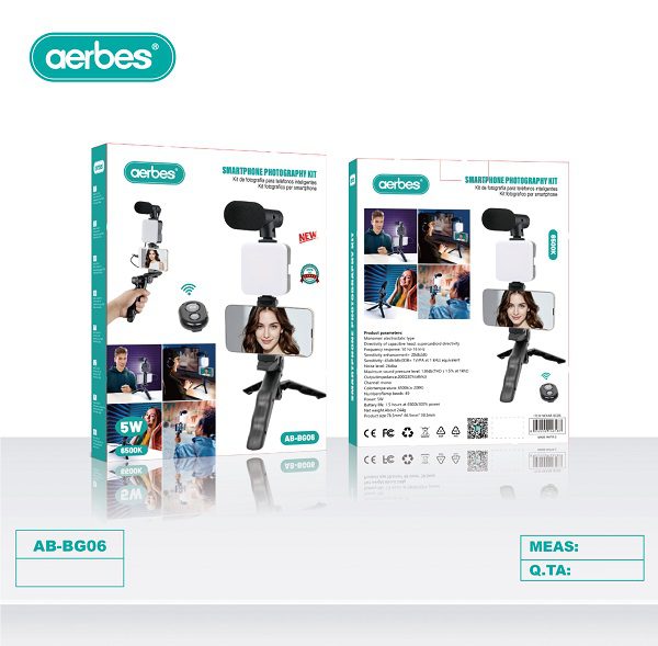 Aerbes AB-BG06 Smartphone Vlogging Kit with LED Fill Light, Microphone, Wireless Remote & Mini Tripod for Content Creation