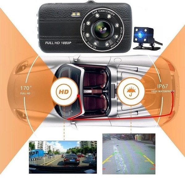 Aerbes AB-Q610 HD 1080P HDR Dual Dash Camera with Rear Camera, 4″ IPS Display, 170° Wide Angle, G-Sensor & Parking Monitor