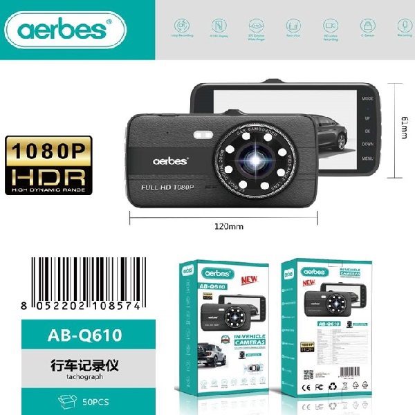 Aerbes AB-Q610 HD 1080P HDR Dual Dash Camera with Rear Camera, 4″ IPS Display, 170° Wide Angle, G-Sensor & Parking Monitor