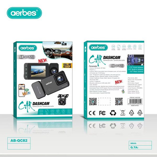 Aerbes AB-QC82 Wifi Full HD 1080p 3 Inch Dashboard Camera With Reverse Camera.