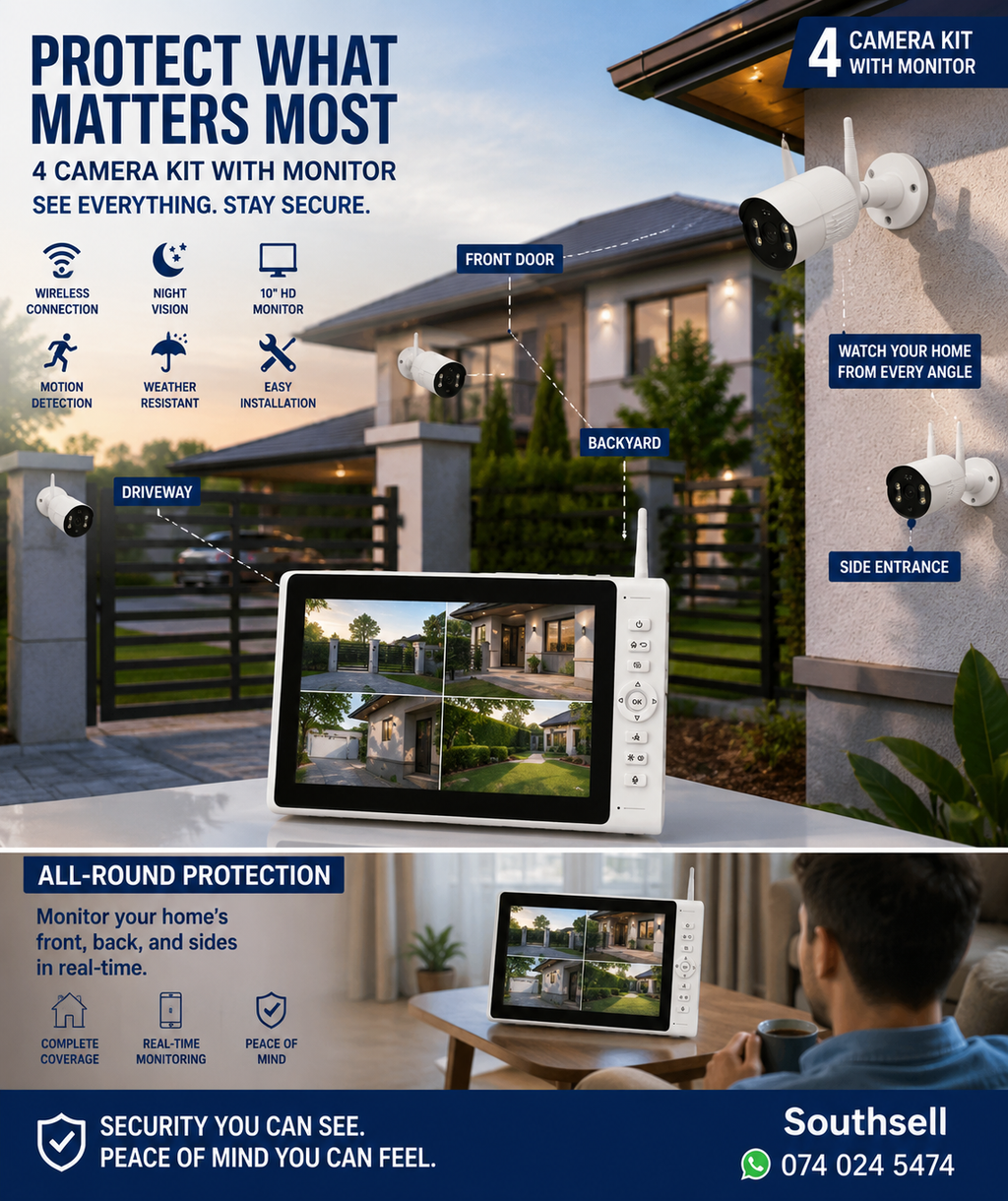 4-Channel Wireless NVR Security Camera Kit with Integrated LCD Monitor