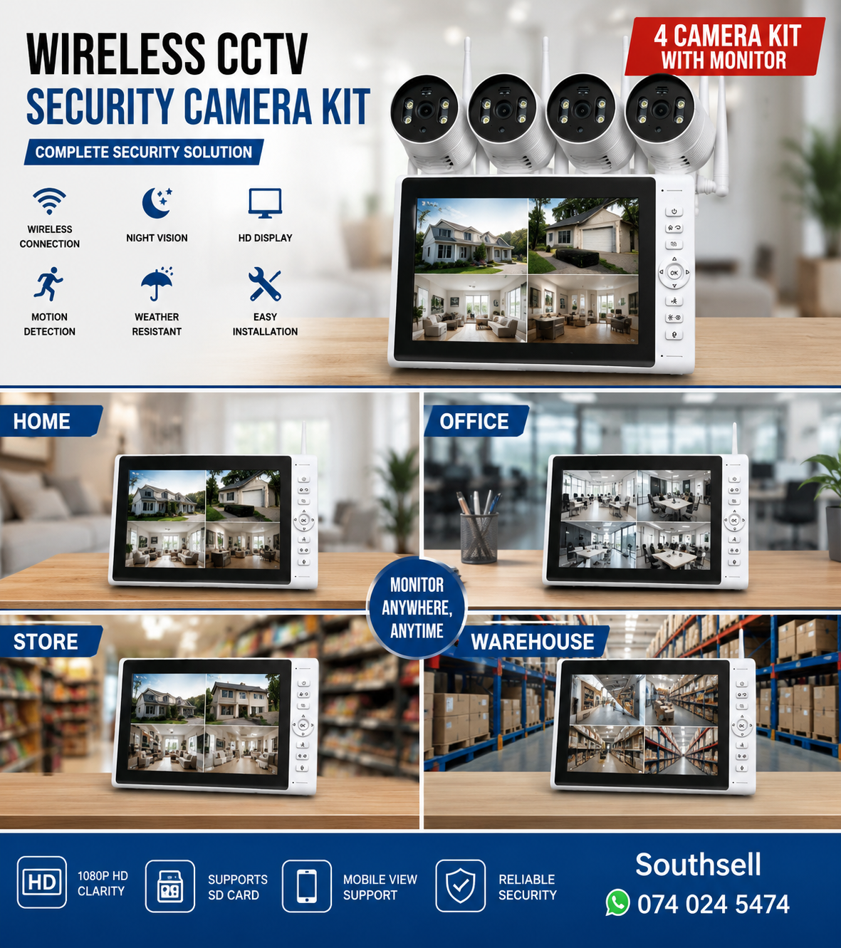 4-Channel Wireless NVR Security Camera Kit with Integrated LCD Monitor