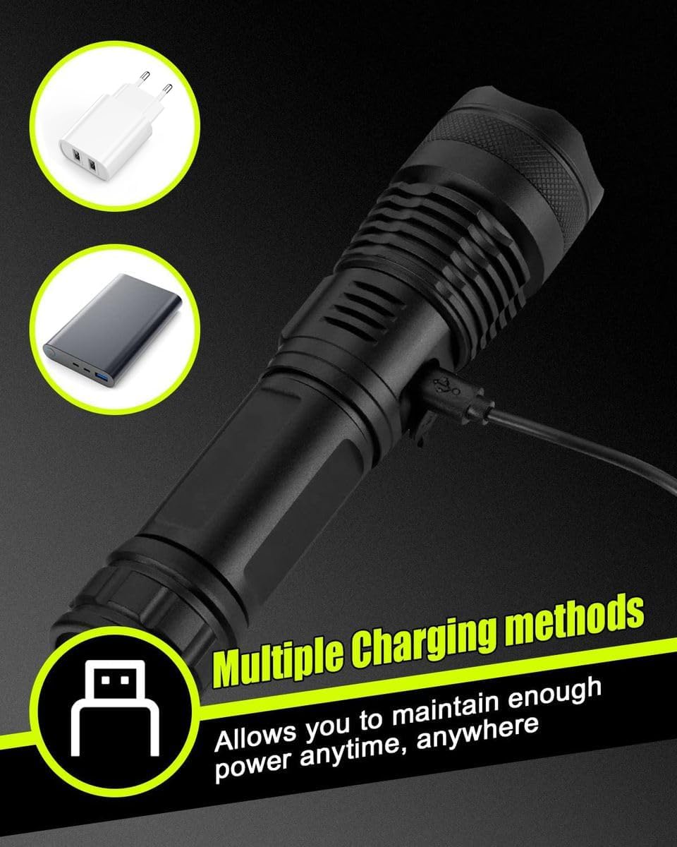 T350 Aluminum Alloy , Rechargeable LED Tactical Flashlight, Aluminum, 5 Modes, Black | Rechargeable black aluminum LED flashlight with 5 light modes, zoom focus and...