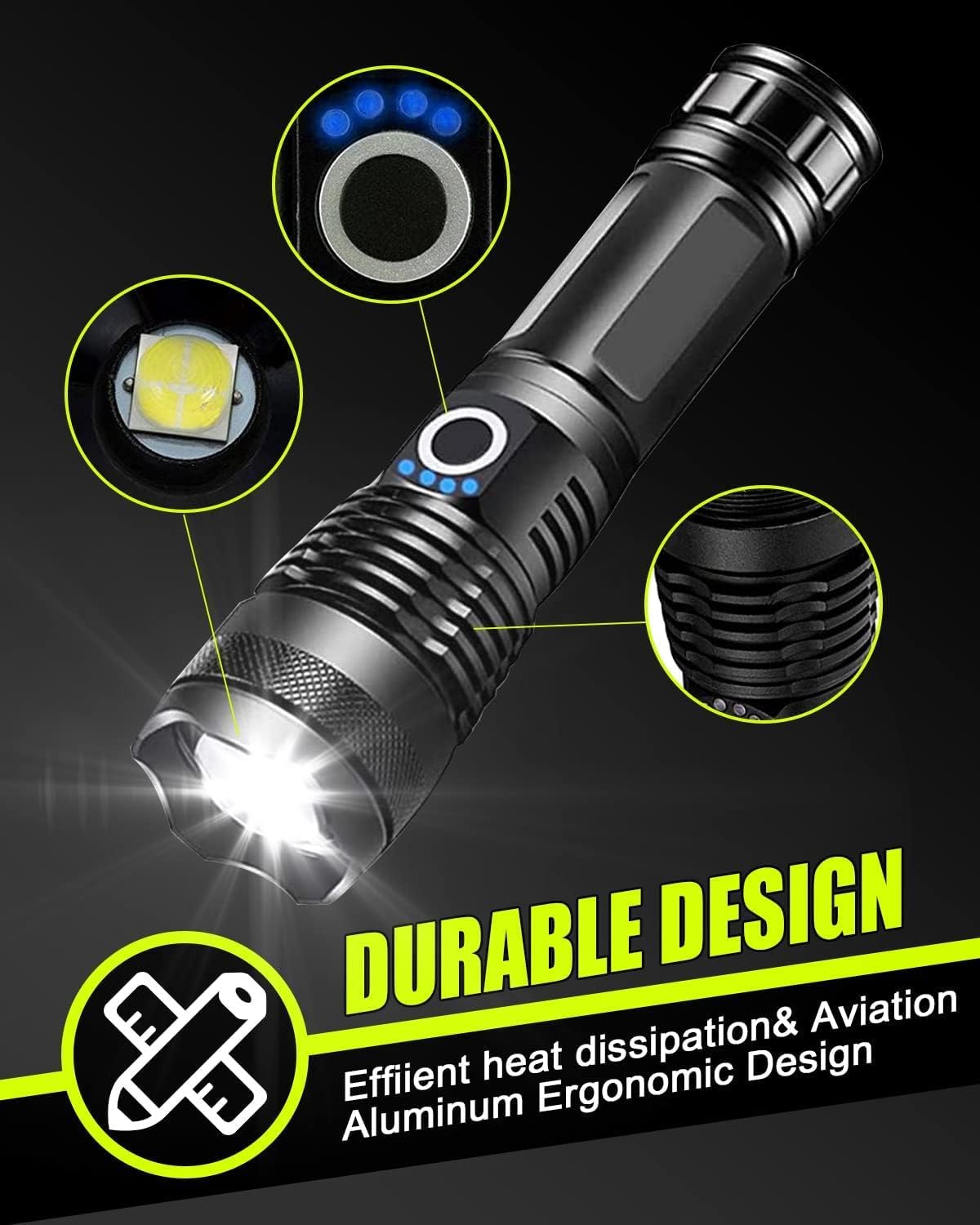 T350 Aluminum Alloy , Rechargeable LED Tactical Flashlight, Aluminum, 5 Modes, Black | Rechargeable black aluminum LED flashlight with 5 light modes, zoom focus and...