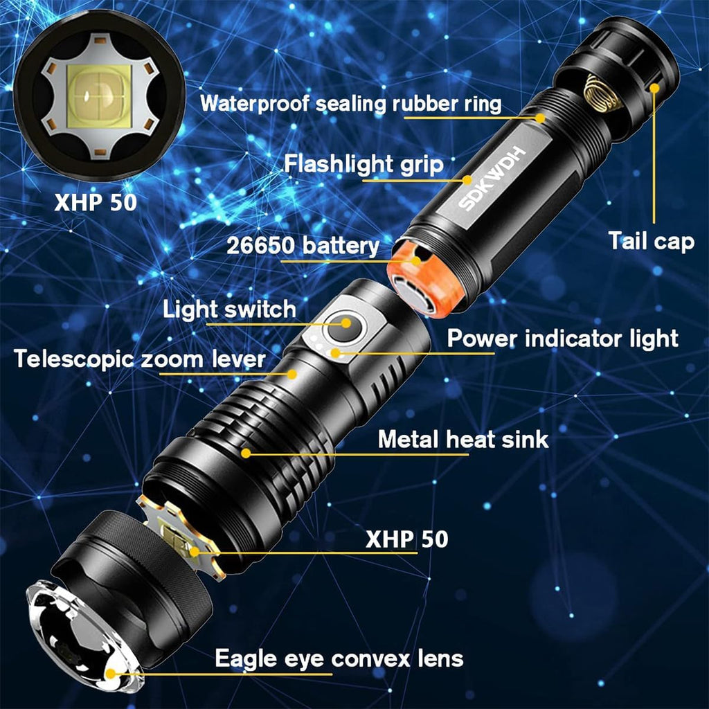 T350 Aluminum Alloy , Rechargeable LED Tactical Flashlight, Aluminum, 5 Modes, Black | Rechargeable black aluminum LED flashlight with 5 light modes, zoom focus and...