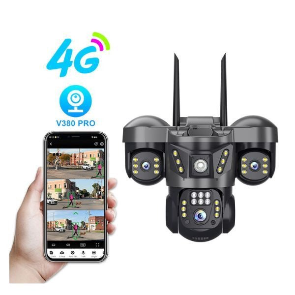 XF00153 Solar Powered WiFi Smart Security Camera 4MP V380 App– Triple Lens PTZ Outdoor CCTV Camera with Full Colour Night Vision, Motion Detection, Two-Way Audio & IP66 .