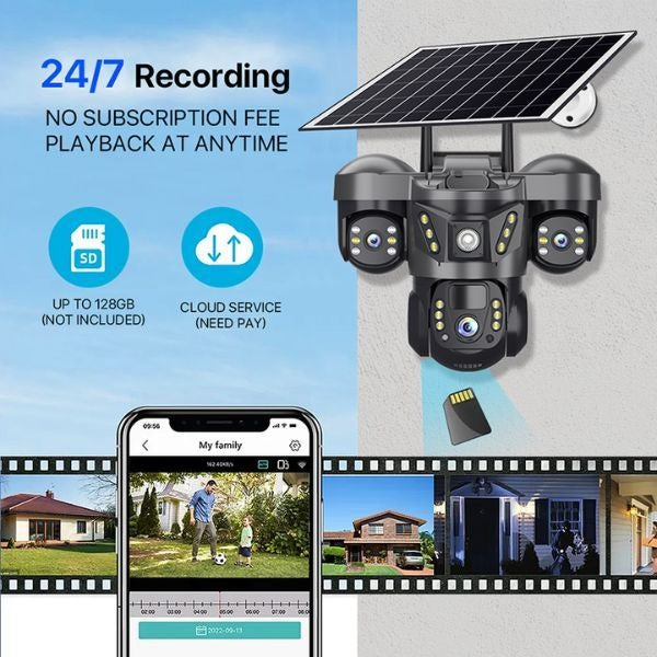 XF00153 Solar Powered WiFi Smart Security Camera 4MP V380 App– Triple Lens PTZ Outdoor CCTV Camera with Full Colour Night Vision, Motion Detection, Two-Way Audio & IP66 .