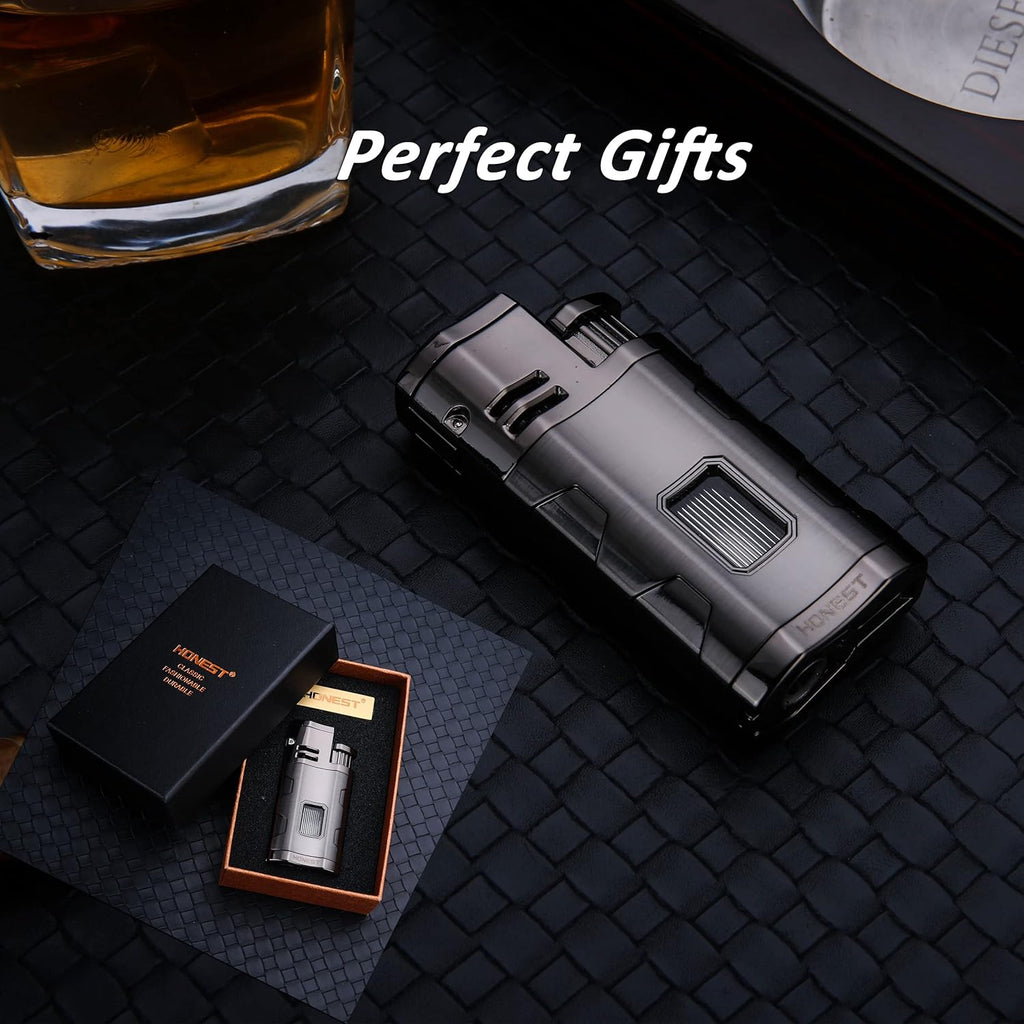 Torch LightersTriple Jet Flame Refillable Butane Lighter Windproof Lighter Torch with Punch - Butane Not Included