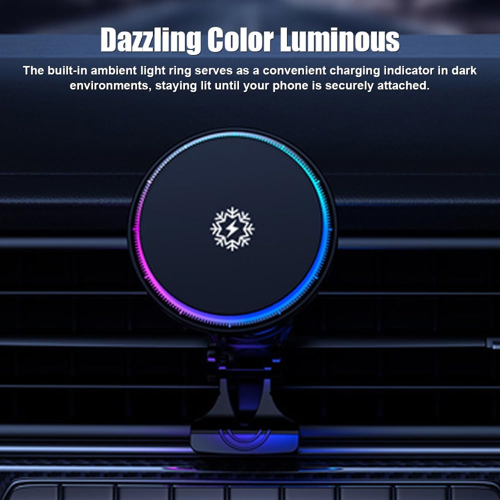 Wireless Car Charger, 15W Fast Charging Ice Cooling Charging Stand Magnetic Phone Holder with Colorful Light Universal for Dashboard Air Vent