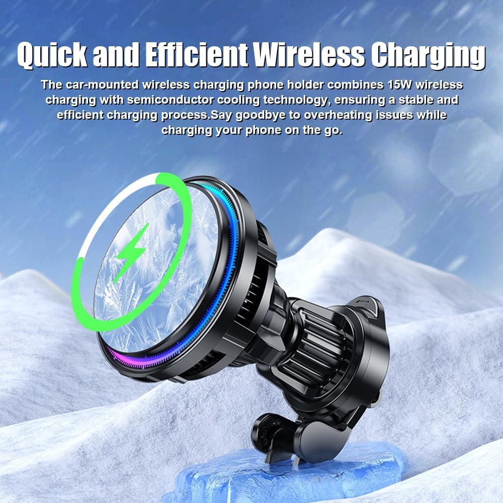 Wireless Car Charger, 15W Fast Charging Ice Cooling Charging Stand Magnetic Phone Holder with Colorful Light Universal for Dashboard Air Vent