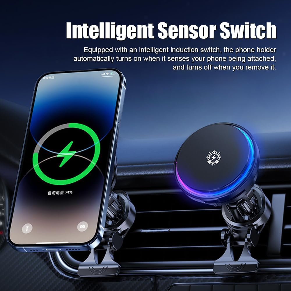 Wireless Car Charger, 15W Fast Charging Ice Cooling Charging Stand Magnetic Phone Holder with Colorful Light Universal for Dashboard Air Vent