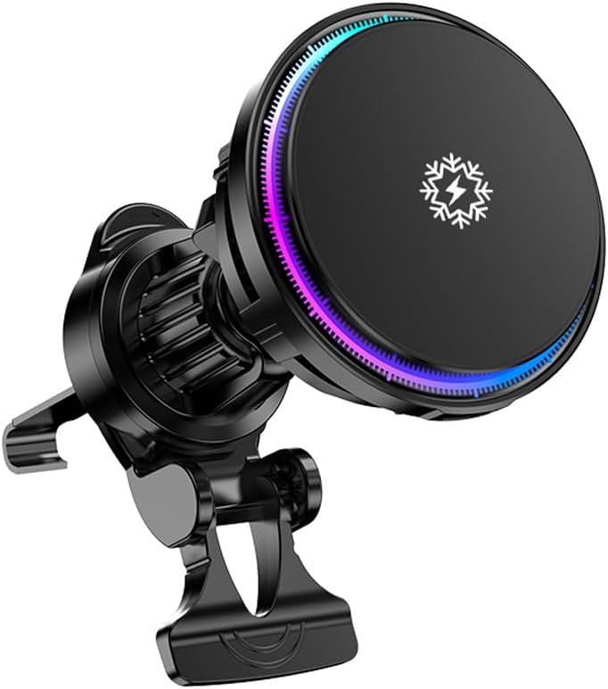 Wireless Car Charger, 15W Fast Charging Ice Cooling Charging Stand Magnetic Phone Holder with Colorful Light Universal for Dashboard Air Vent