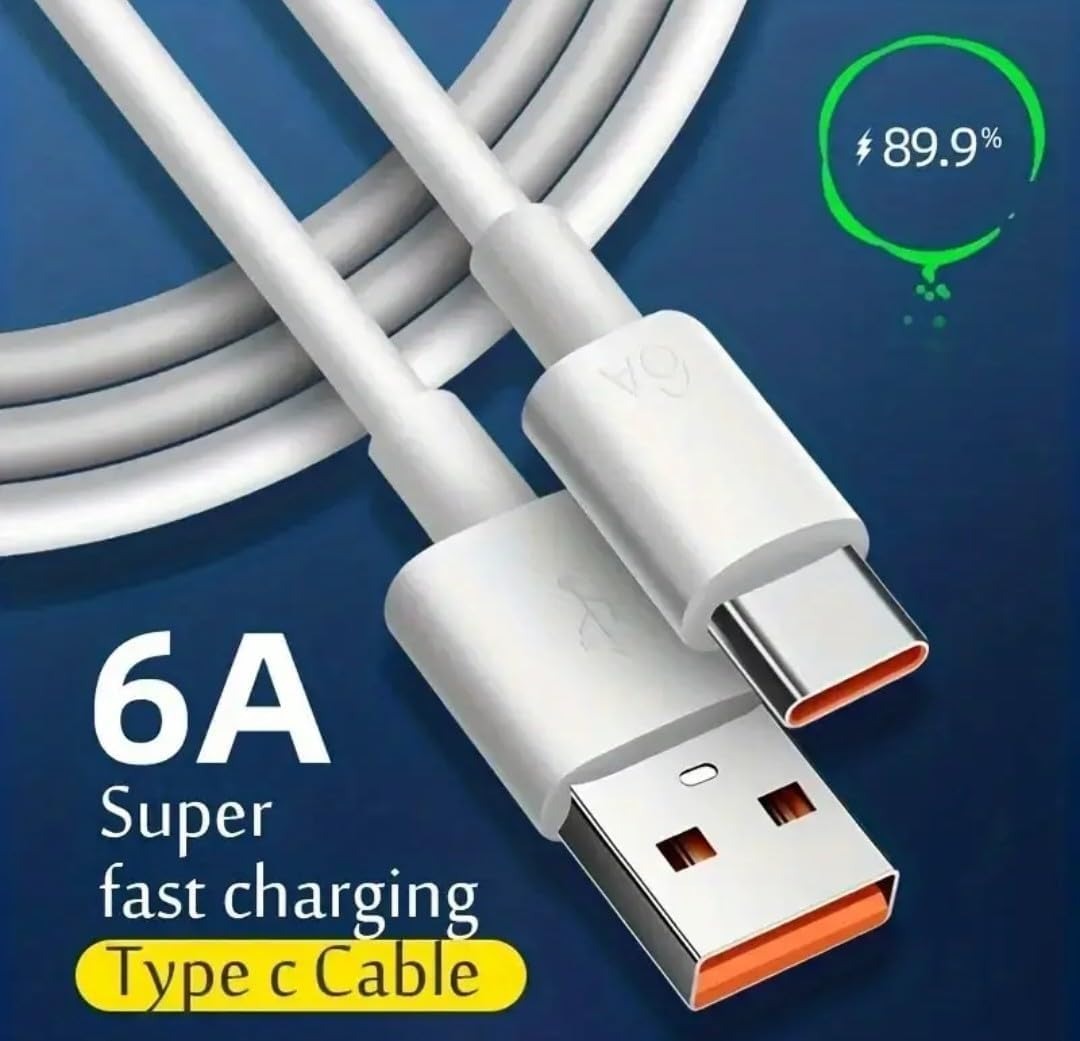 USB to USB-C Cable, White, Fast Charging Data Sync Cord with Orange Accents.