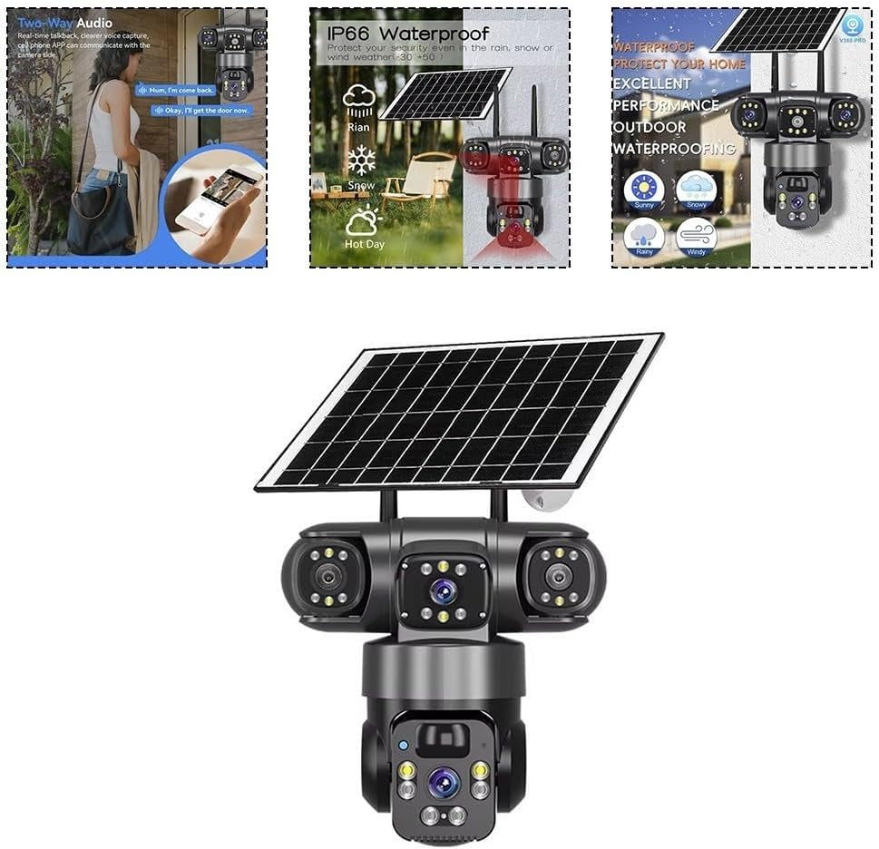 Electricity/Solar Security Cameras 4K 360° PTZ Dual Lens Outdoor Electricity/Solar Security Camera Electricity/Solar Powered 4G Sim Card /WiFi Security Camera IP66 Waterproof 2.4G Wireless Surveillance with 8000mAh Battery(Black).