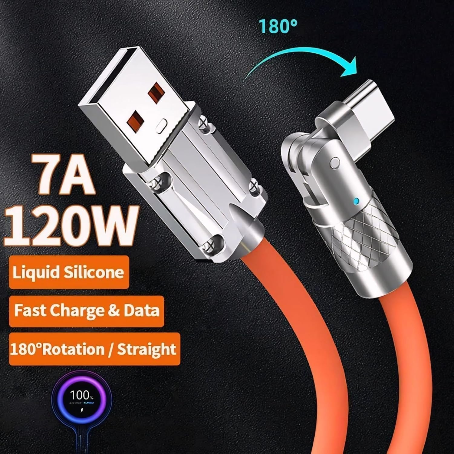 Type c cable fast charging 120W Fast Charging Cable, 180° Rotatable Portable Charger Cable Compatible For iPhone 17,16 Pro,15 Pro Max, 17 Air.