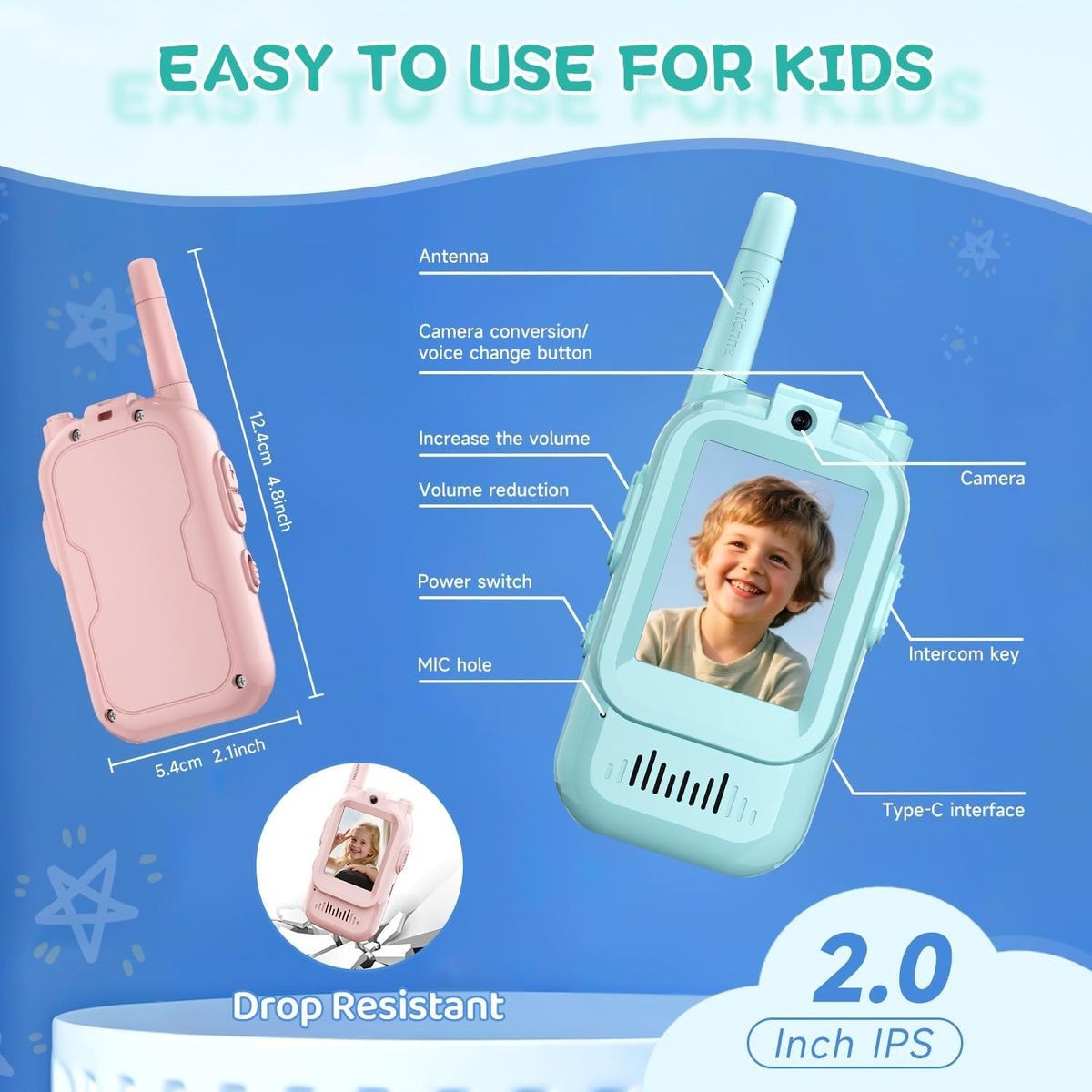 2 Piece Rechargeable Video Walkie-Talkie Set for Kids Ideal for Outdoor Use.
