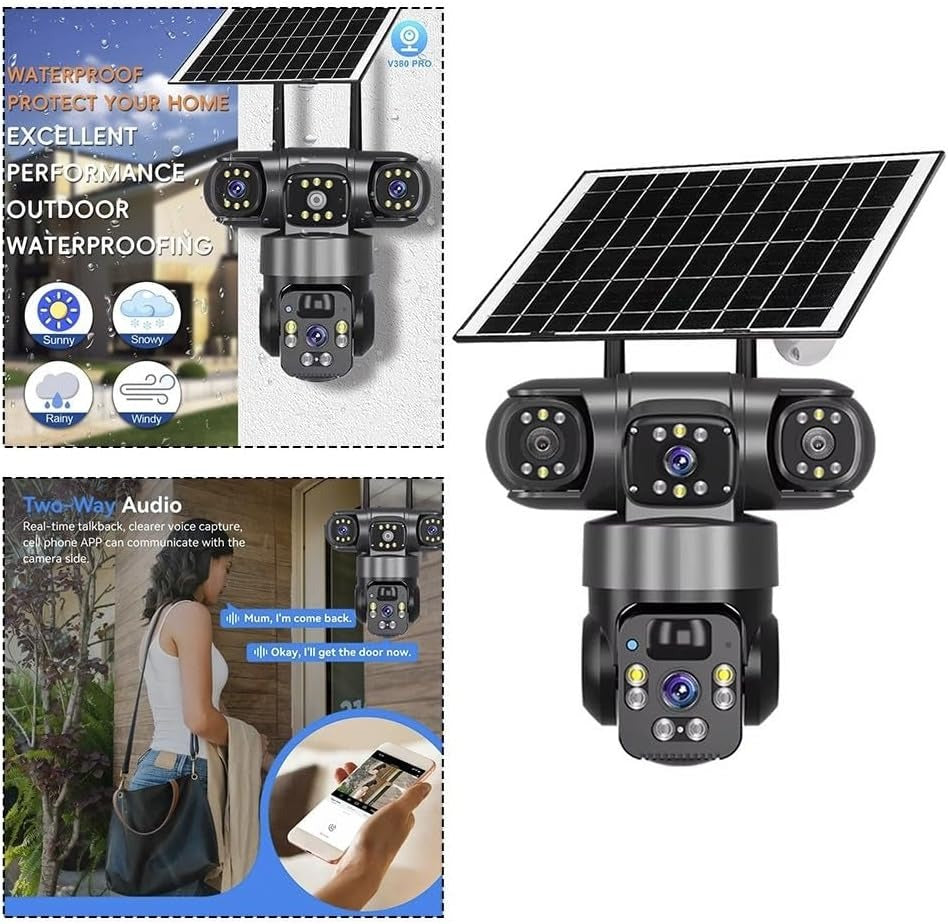 Electricity/Solar Security Cameras 4K 360° PTZ Dual Lens Outdoor Electricity/Solar Security Camera Electricity/Solar Powered 4G Sim Card /WiFi Security Camera IP66 Waterproof 2.4G Wireless Surveillance with 8000mAh Battery(Black).