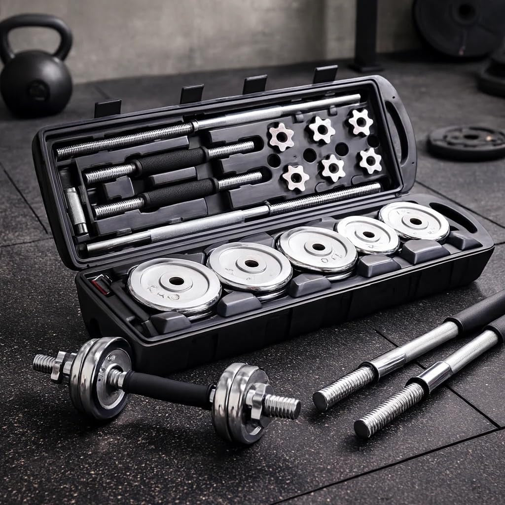 50kg Adjustable Dumbbell & Barbell Set – Iron Plates with Rubber-Coated Bars | Home Gym Strength Training Kit.