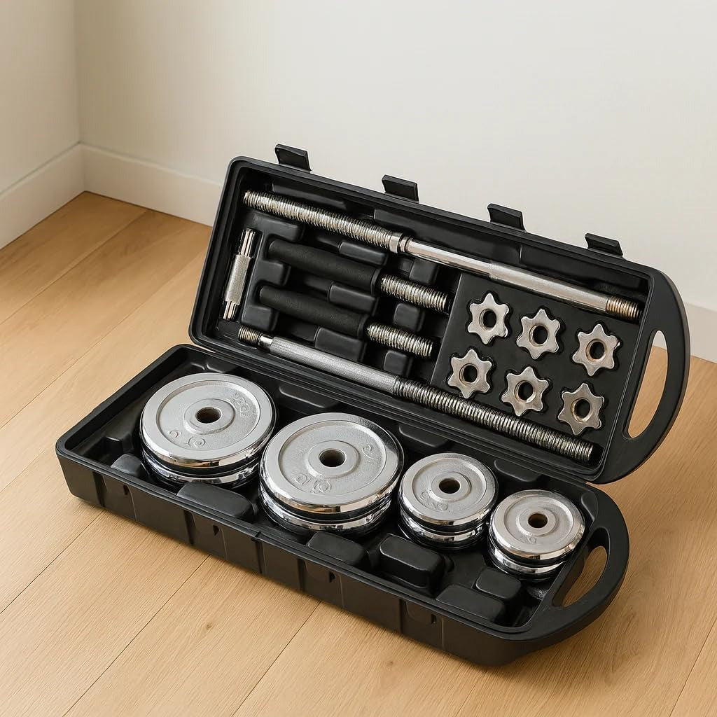 50kg Adjustable Dumbbell & Barbell Set – Iron Plates with Rubber-Coated Bars | Home Gym Strength Training Kit.