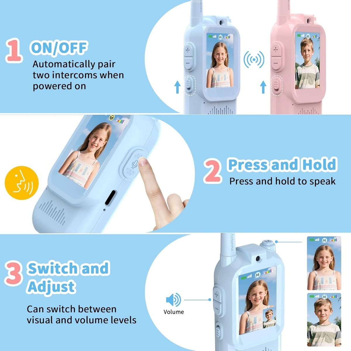 2 Piece Rechargeable Video Walkie-Talkie Set for Kids Ideal for Outdoor Use.