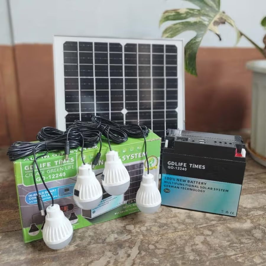 GD12240 12v 20ah Solar Storage Emergency Solar Generator With 4pcs Bulb 20w Solar Panel Ups Battery.