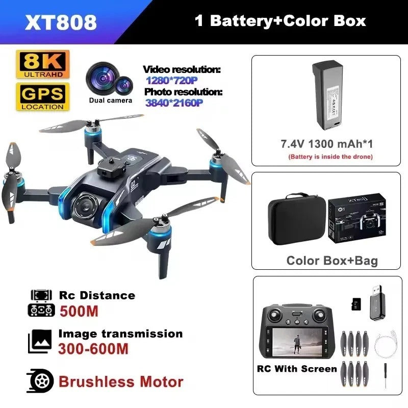 XT808 GPS Drone, 8K Dual Camera Brushless Motor Obstacle Avoidance.