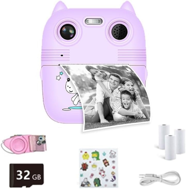 Instant Print Camera for Kids, HD Dual-Lens Selfie Digital Camera with 3 Rolls Print Paper & 32GB Card, Portable Holiday Birthday Gifts Toy for...