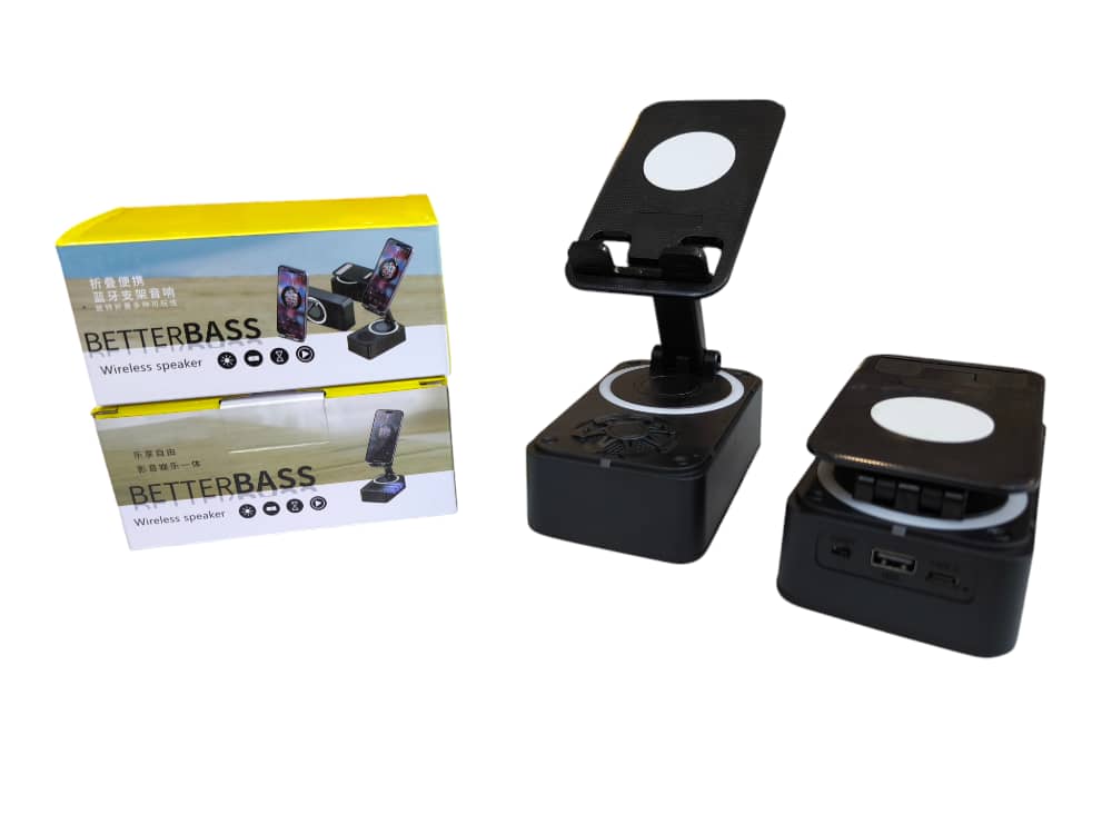 XM-098 Wireless Speakers with Phone Holder & Power Bank, Dual Pairing, Booming Bass, Hi-Fi Sound Quality, Loud Speaker, Compact Design for Phone, Tablet, Phone Charging Station.