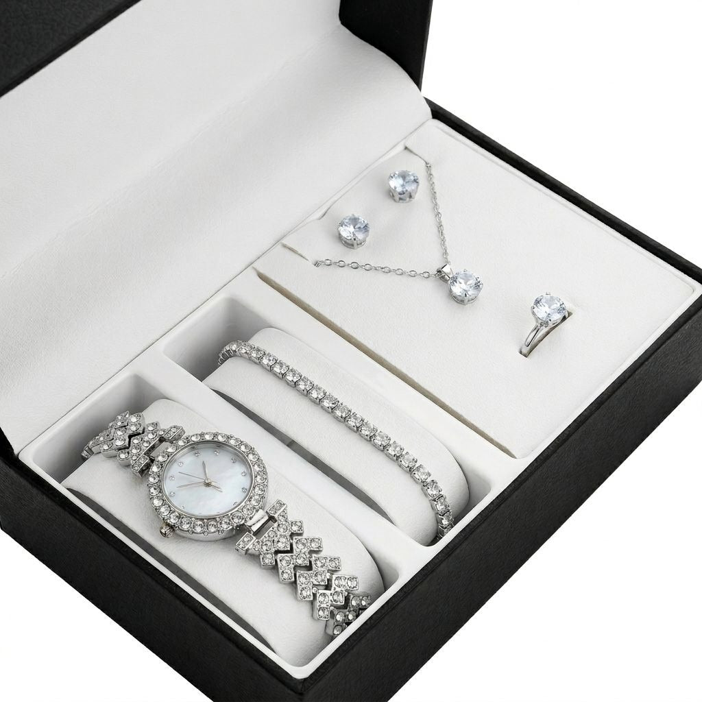 Crystal Watch Lady Silver Accessories Necklace Bracelet Gift - 5 Piece - Silver.