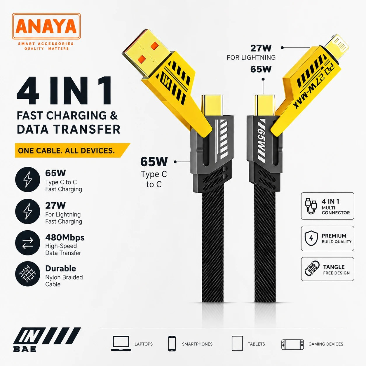 4-in-1 Fast Charging Cable 65W USB & Type-C to Lightning | PD27W iPhone Compatible | Nylon Braided Data Cable