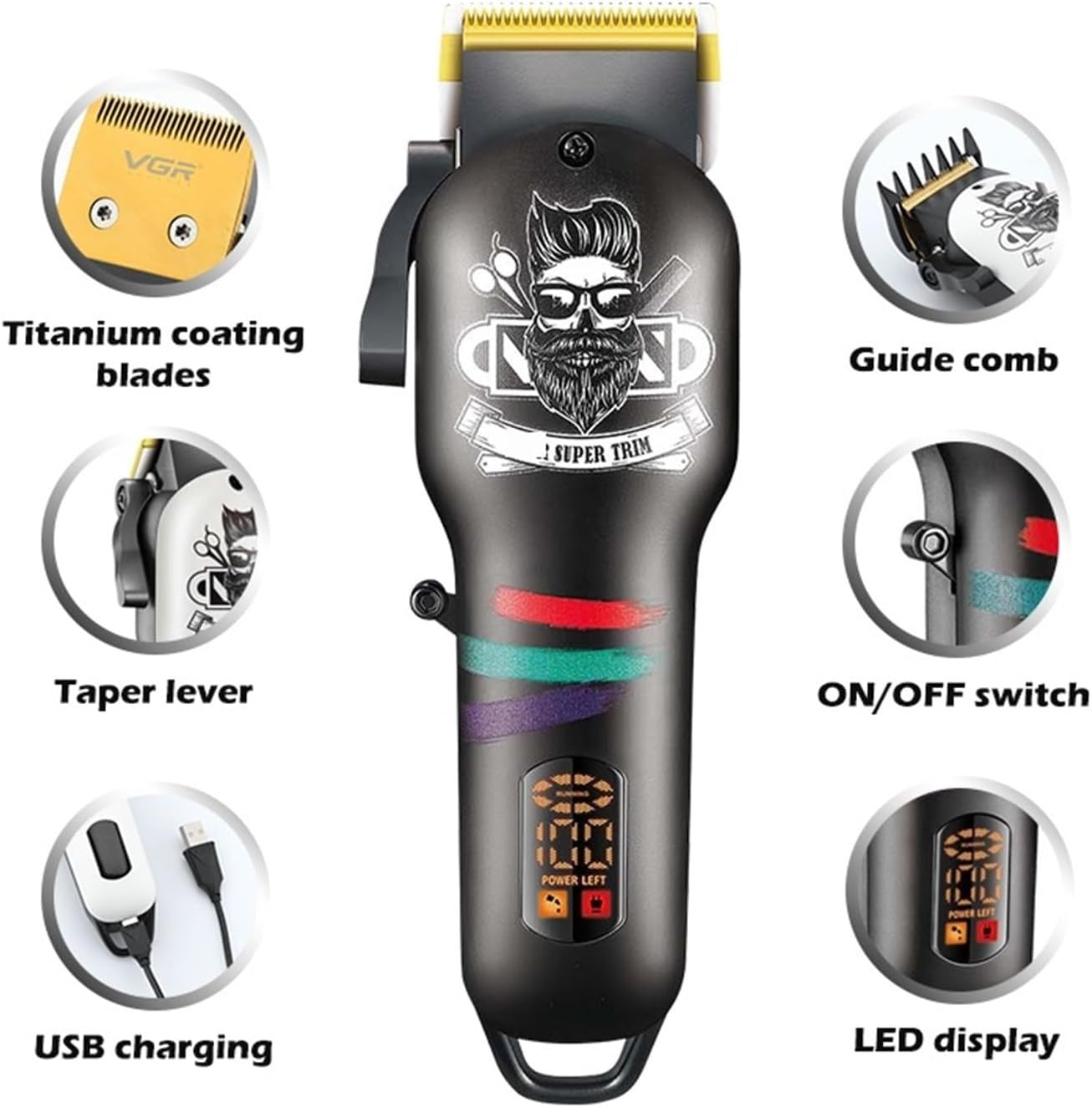 Razors V-699 Hair Clipper Electric Trimmer Men Professional Barber Men Cordless Clippers Shaver Trimmer for Man Cleaning Machine(V-699 Black & White )