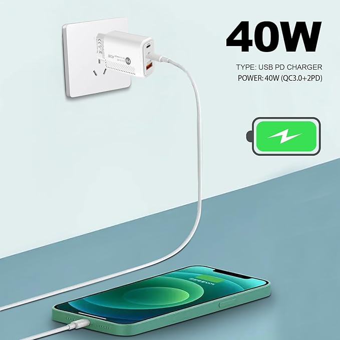 Quick Charge Adapter,Phone Charger Head - QC3.0 2PD 40W Phone Charging Block