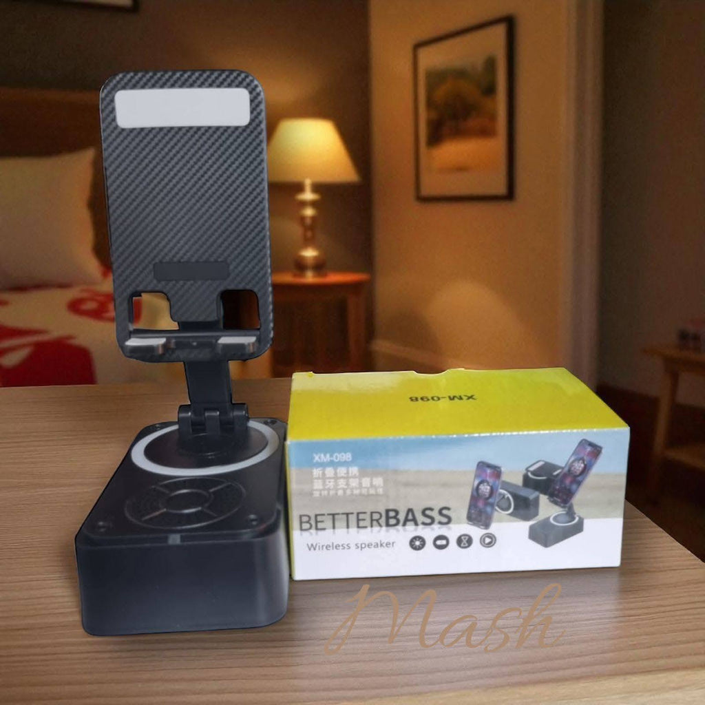 XM-098 Wireless Speakers with Phone Holder & Power Bank, Dual Pairing, Booming Bass, Hi-Fi Sound Quality, Loud Speaker, Compact Design for Phone, Tablet, Phone Charging Station.