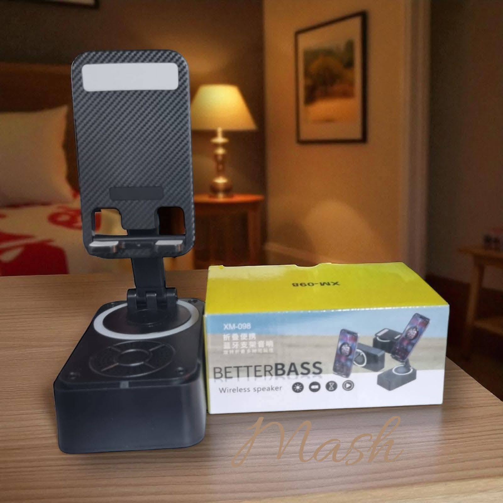XM-098 Wireless Speakers with Phone Holder & Power Bank, Dual Pairing, Booming Bass, Hi-Fi Sound Quality, Loud Speaker, Compact Design for Phone, Tablet, Phone Charging Station.