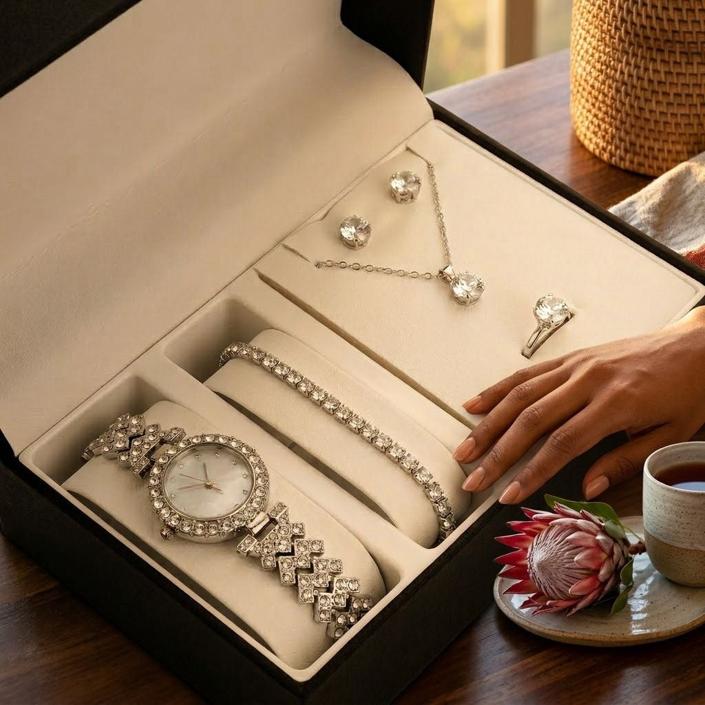 Crystal Watch Lady Silver Accessories Necklace Bracelet Gift - 5 Piece - Silver.