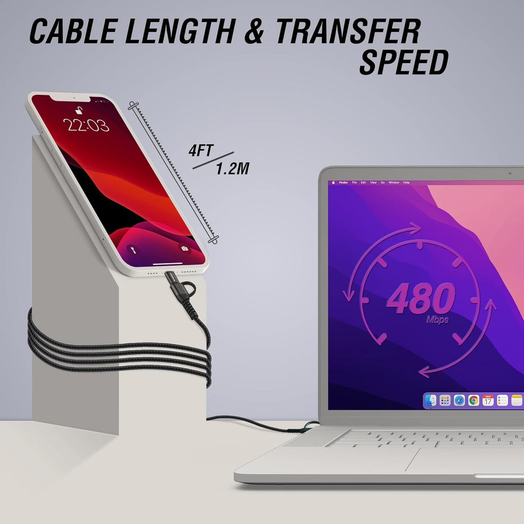 240W  Fast Charge  4-in-1 USB Cable (Black) Includes USB A to USB C, USB A to Lightning, USB C to USB C Cable & USB-C to Lightning Adapter - High-Speed Data...