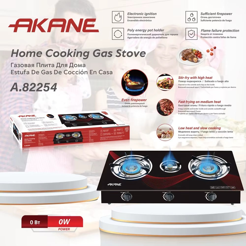AKANE Home Cooking Gas Stove Three Burner Gas Cooker With Electronic Ignition Even Firepower Stable Heat Control for Home Use
