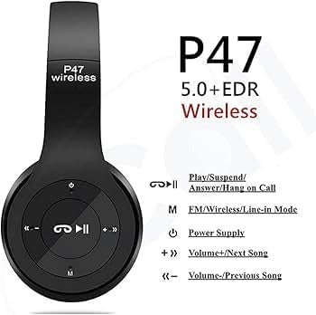 Bluetooth Headphones, P47 Wireless Over-Ear Design with LED Lights, Foldable Gaming Audio Headset, Black.