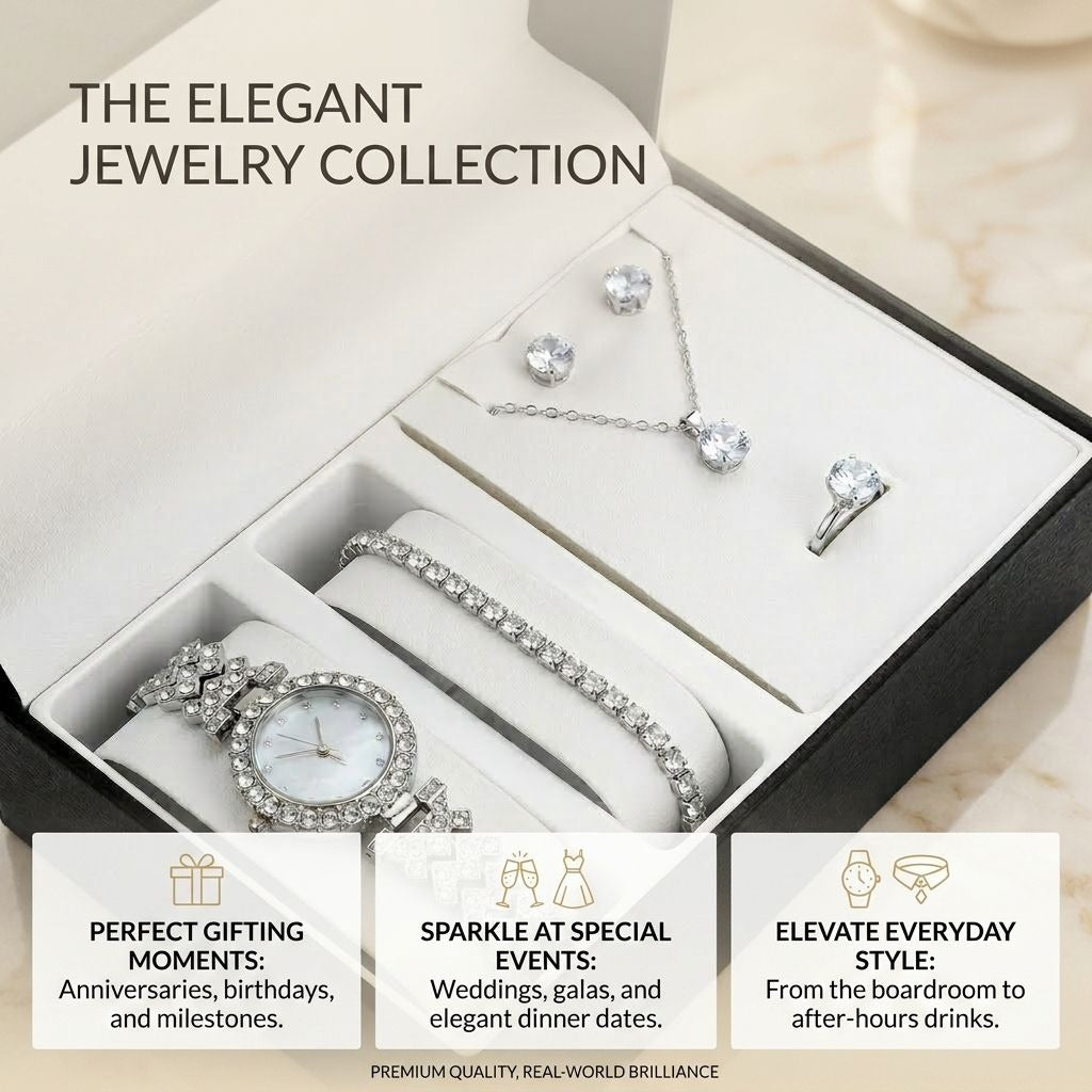 Crystal Watch Lady Silver Accessories Necklace Bracelet Gift - 5 Piece - Silver.