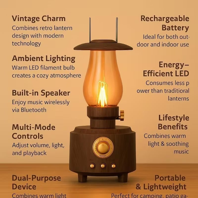 Speaker Lamp - Vintage Kerosene Design, Waterproof Wireless Speaker with Built-in Light, Great Home, Garden Camping.