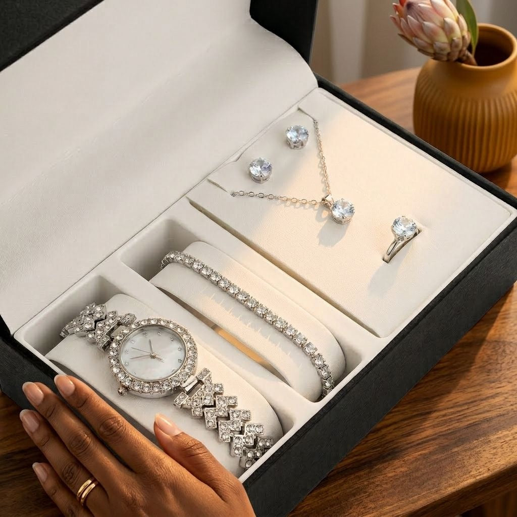 Crystal Watch Lady Silver Accessories Necklace Bracelet Gift - 5 Piece - Silver.