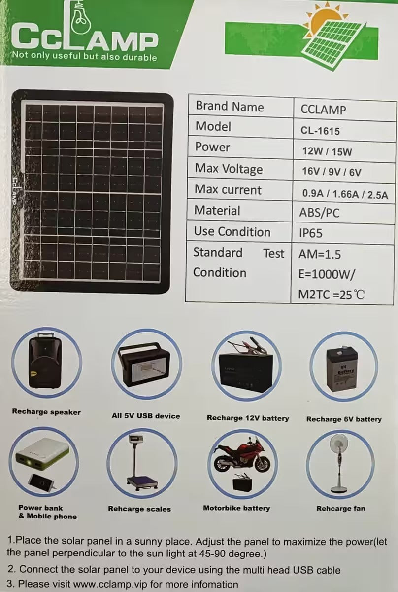 CCLamp CL-1615 15W Solar Mobile Phone and Battery Charger.