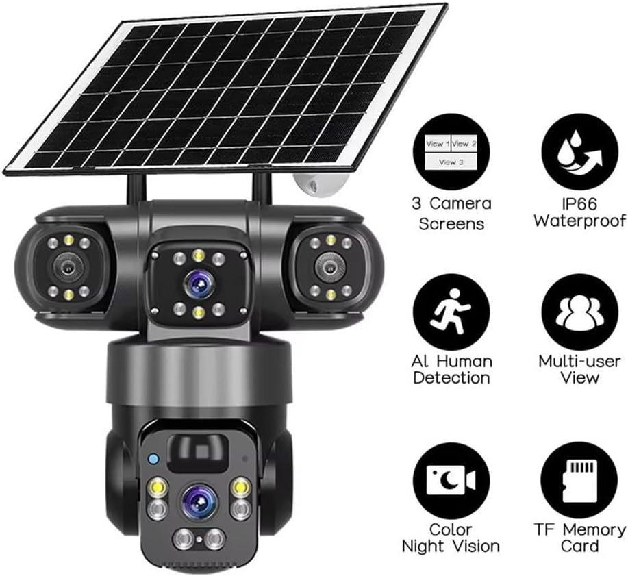Electricity/Solar Security Cameras 4K 360° PTZ Dual Lens Outdoor Electricity/Solar Security Camera Electricity/Solar Powered 4G Sim Card /WiFi Security Camera IP66 Waterproof 2.4G Wireless Surveillance with 8000mAh Battery(Black).