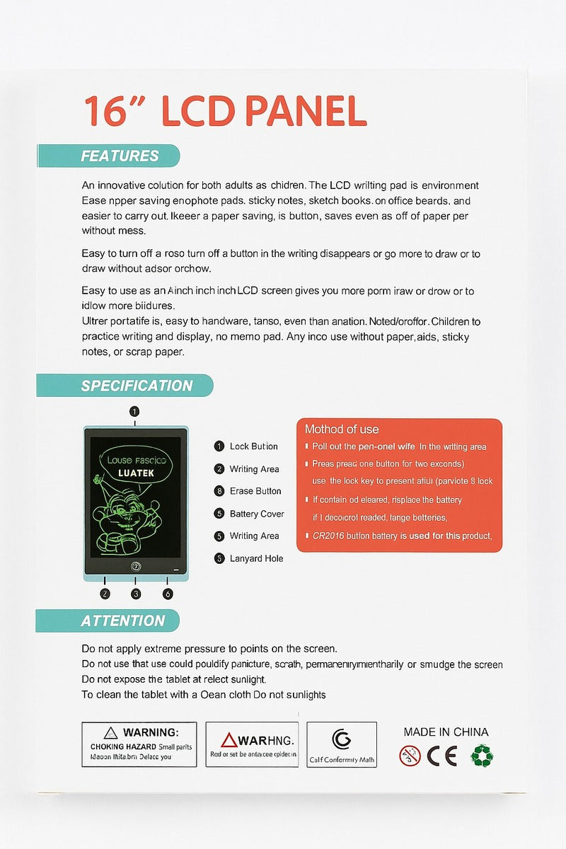 16" LCD Panel Writing Tablet - Colorful Electronic Drawing Board.