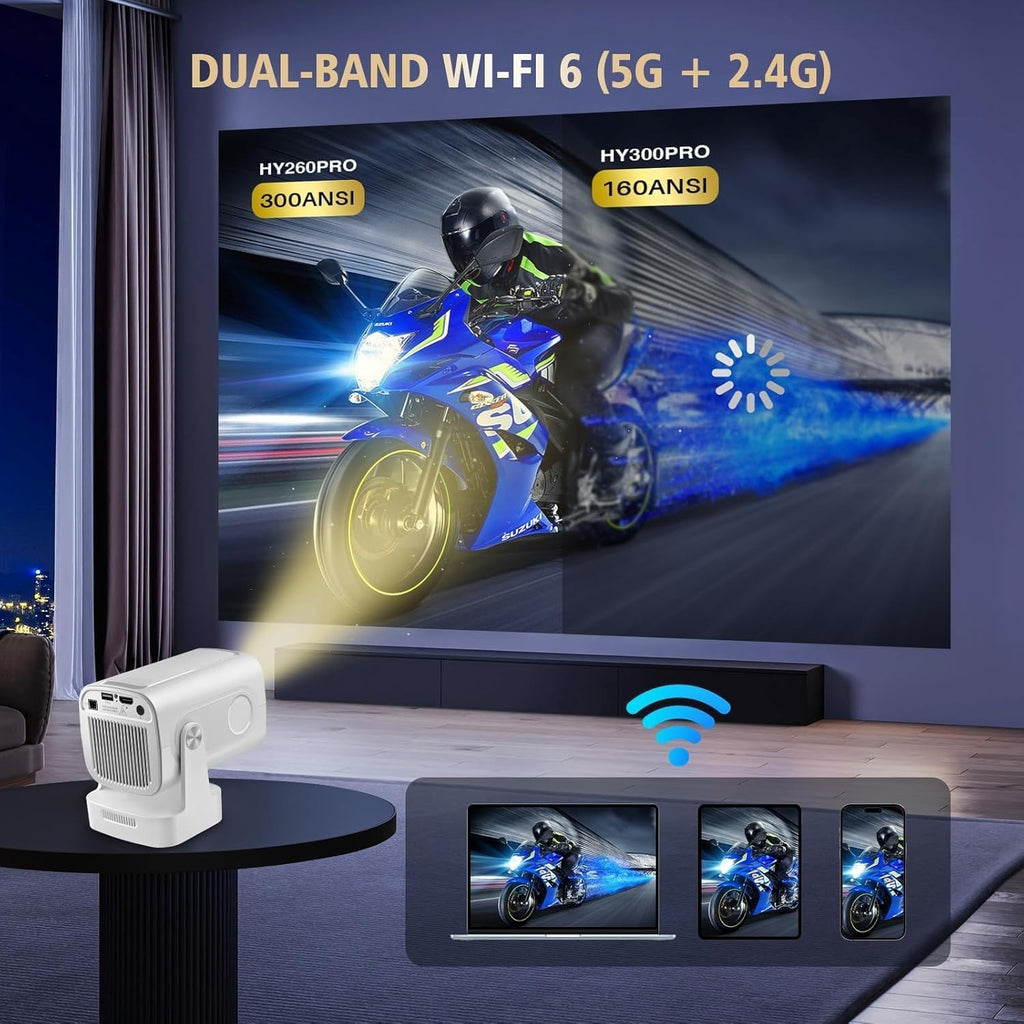 AB-TYY07 Smart Android LED Projector with Remote Control – Wi-Fi 6, Bluetooth 5.4, HDMI/USB, Auto Focus – Portable Home Cinema for Movies, Gaming