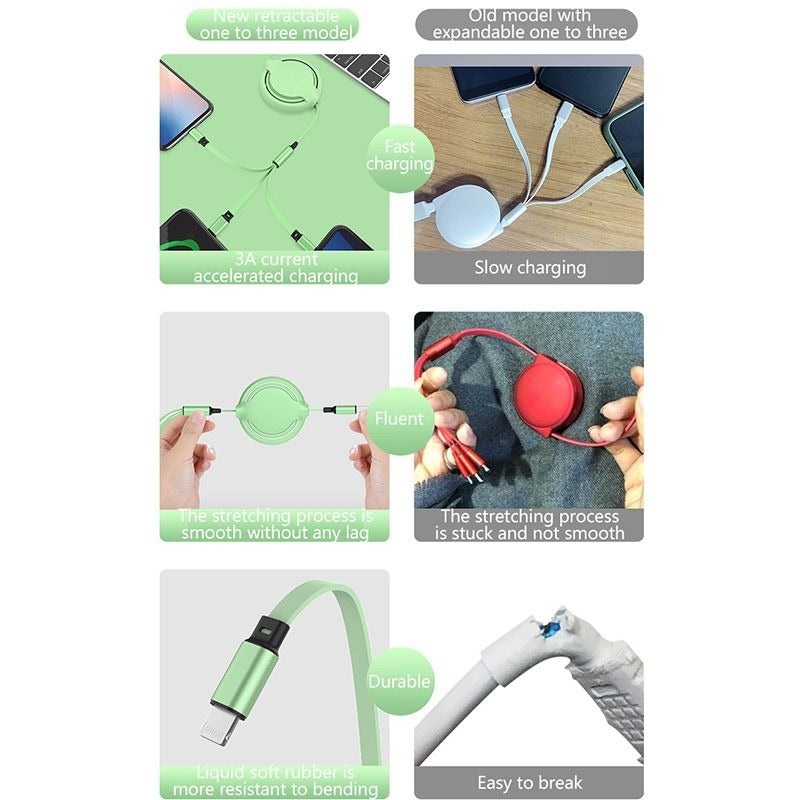 3 In 1 USB Cable Retractable Data Cord Compatible With Iphone Samsung