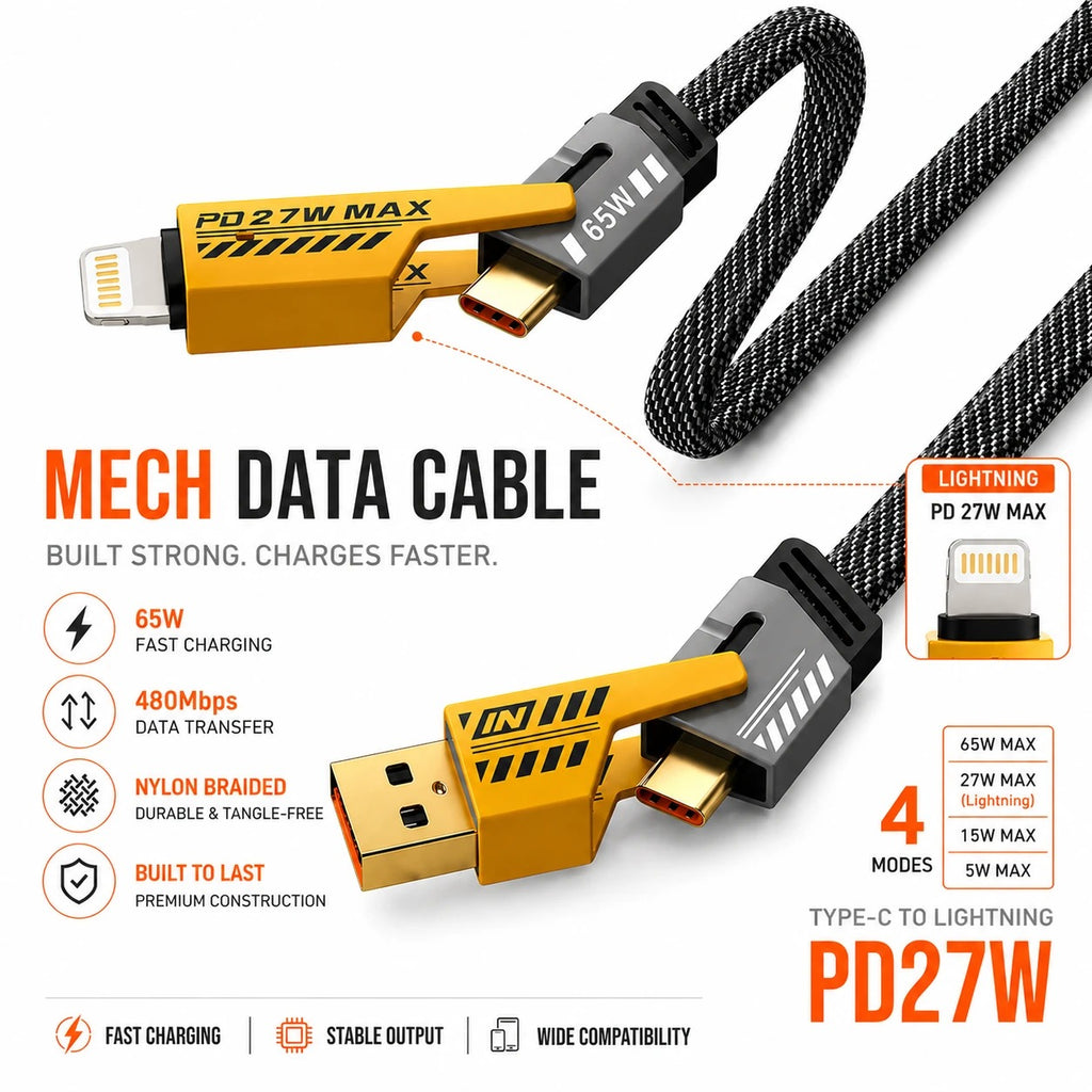 4-in-1 Fast Charging Cable 65W USB & Type-C to Lightning | PD27W iPhone Compatible | Nylon Braided Data Cable