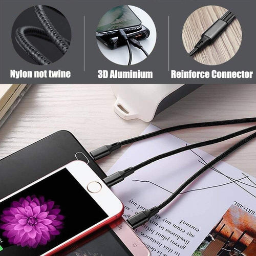 66W 3-in-1 USB Charging Cable, 1 Metre Length, Compatible with Lightning/Micro USB/Type-C, 3A,